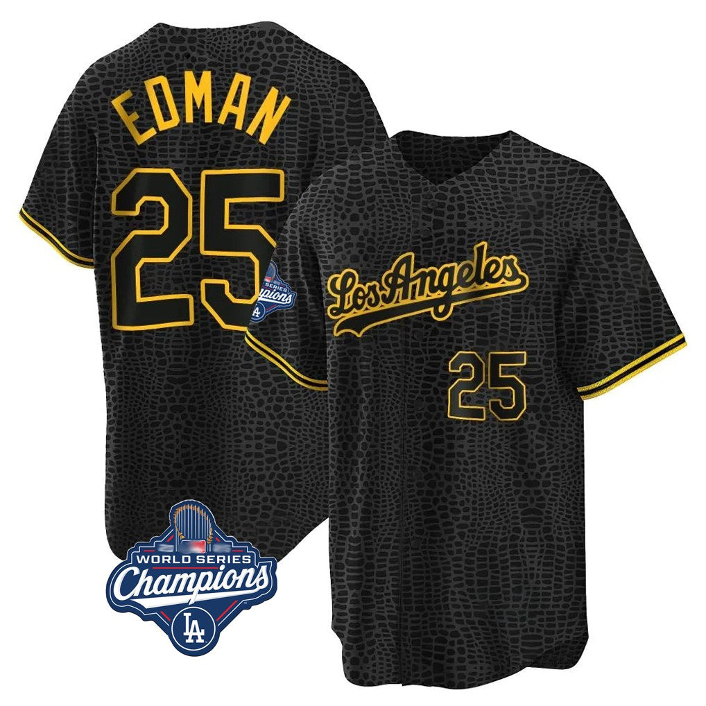 Los Angeles Dodgers #25 Tommy Edman Player Black HeidiMiller World Series Meet Snake Skin City Game Home Stitched Jerseys