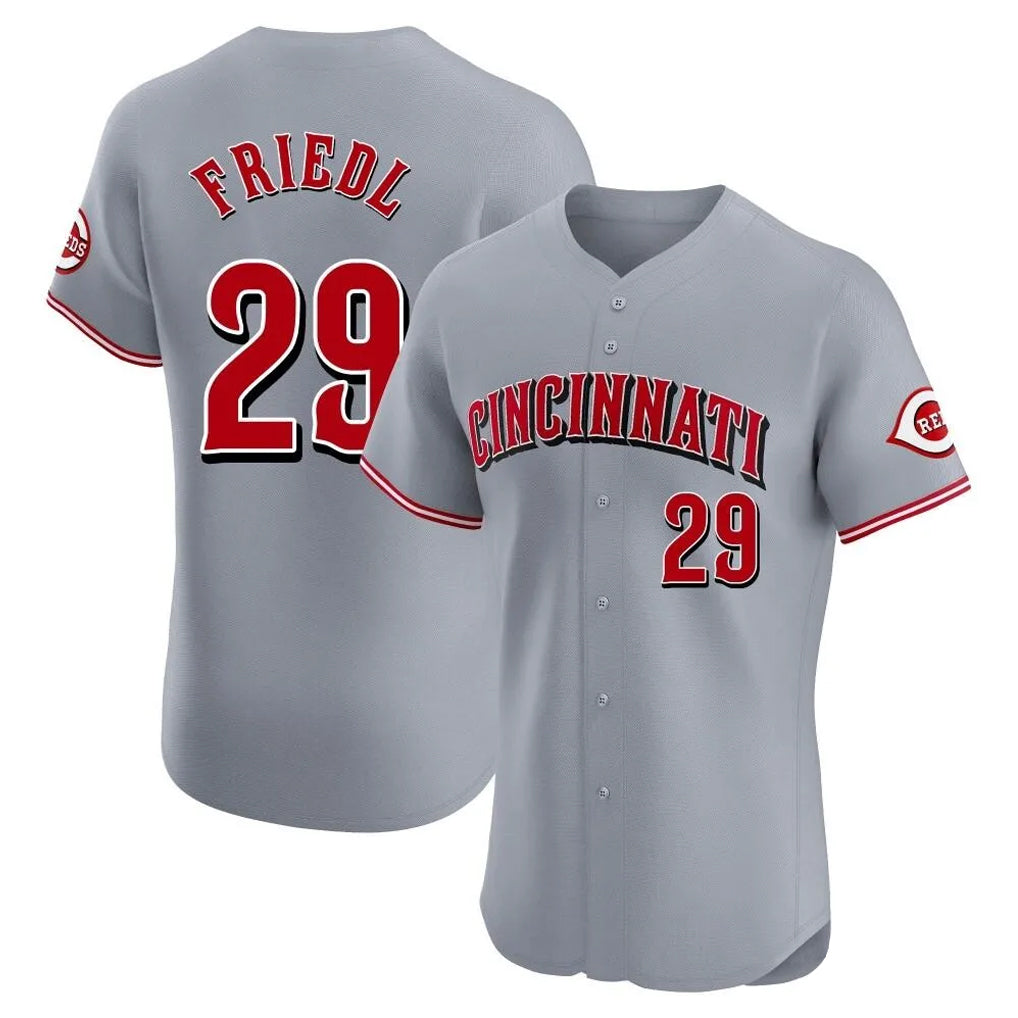 Cincinnati Reds #29 TJ Friedl Player Gray HeidiMiller Limited Elite Home Stitched Jerseys