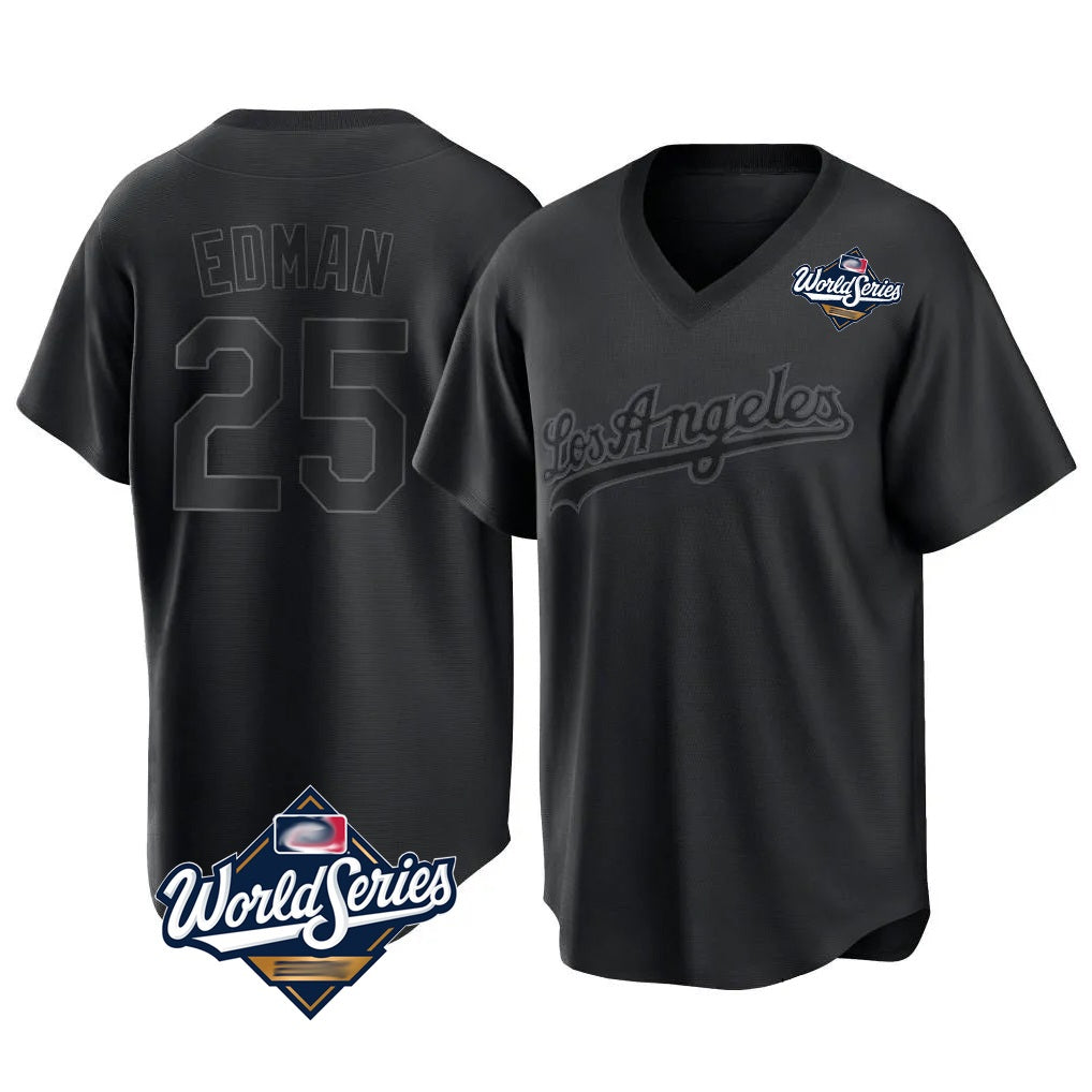Los Angeles Dodgers #25 Tommy Edman Player Black HeidiMiller World Series Pitch Fashion T-shirt Stitched Jerseys