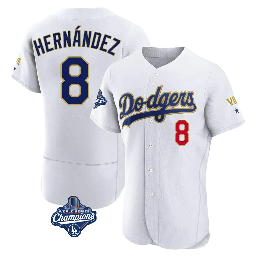 Los Angeles Dodgers #8 Enrique Hern¨¢ndez Player Gold White HeidiMiller World Series Meet 2026 Collection Stadium Limited Elite Stitched Jerseys
