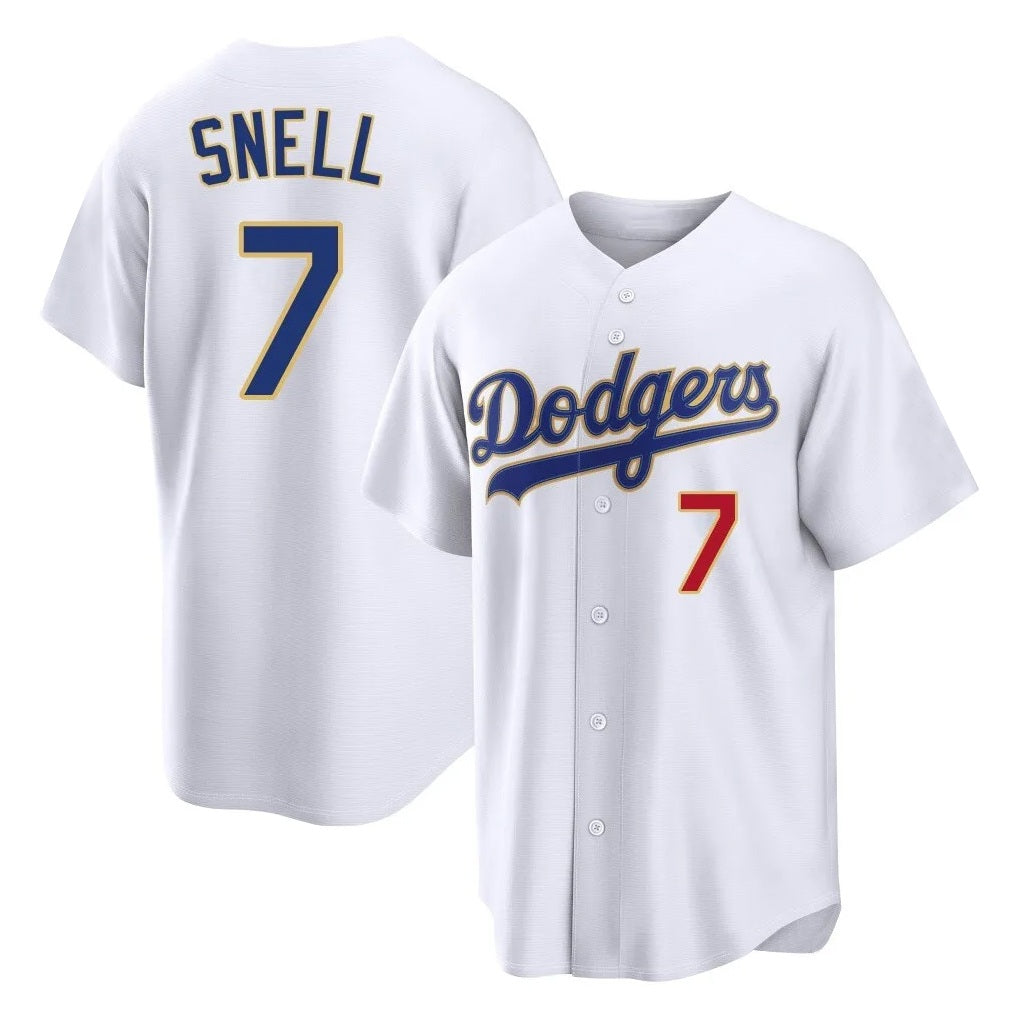 Los Angeles Dodgers #7 Blake Snell Player Gold HeidiMiller White 2026 Collection Stadium Limited Stitched Jerseys