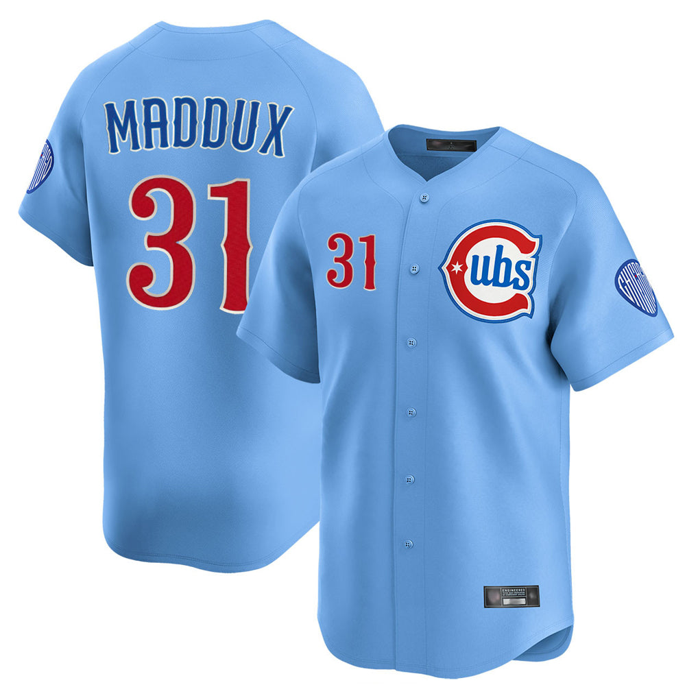 Chicago Cubs #31 Greg Maddux Player Light Blue HeidiMiller Limited Home Stitched Jerseys