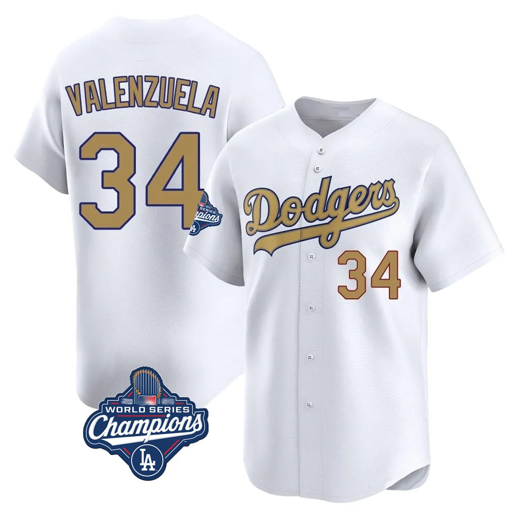 Los Angeles Dodgers #34 Fernando Valenzuela Player White Gold HeidiMiller World Series Meet Collection Limited Home Stitched Jerseys