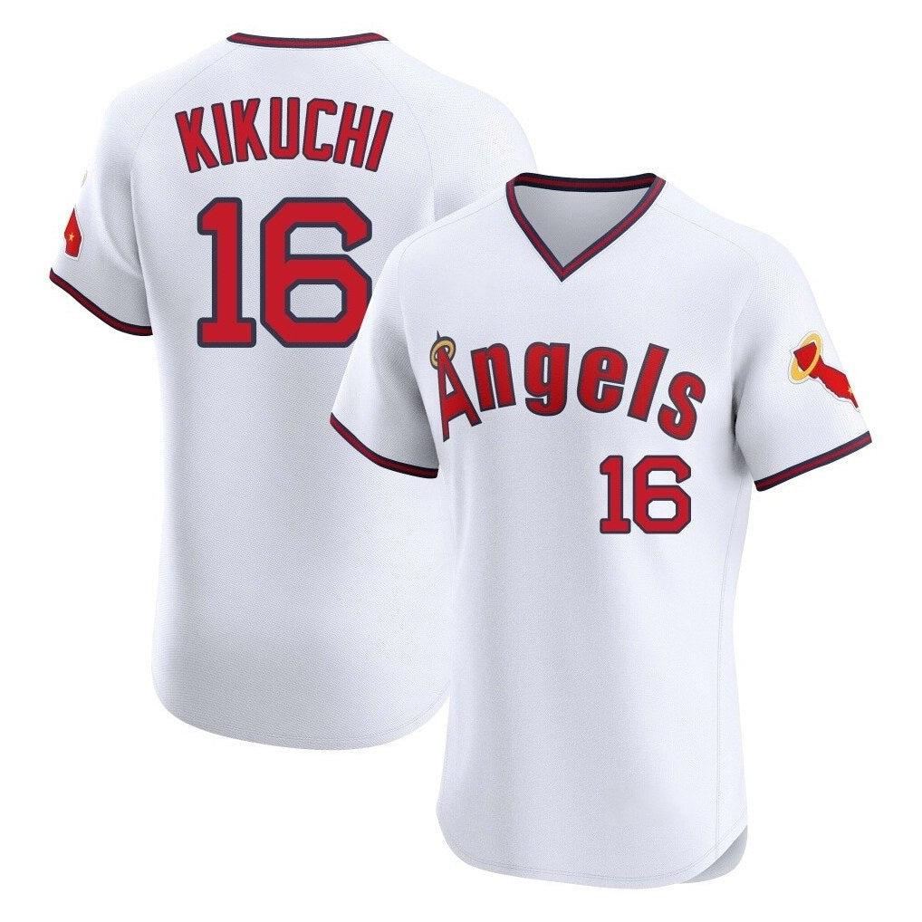 Los Angeles Angels #16 Yusei Kikuchi Player White HeidiMiller T-shirt Home Limited Elite Stitched Jerseys