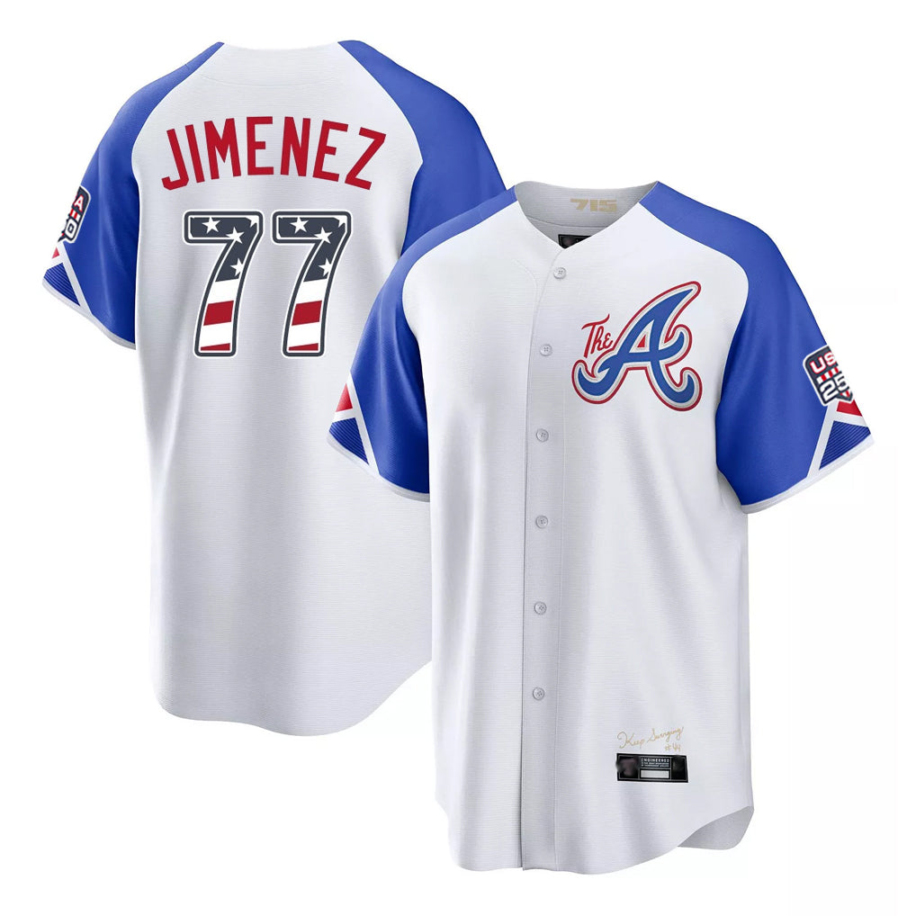 Atlanta Braves #77 Joe Jimenez Player White HeidiMiller USA 250 Fourth Of July City Connect Home Game Stitched Jerseys