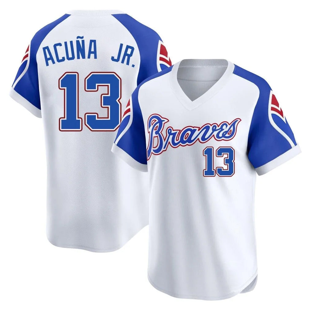Atlanta Braves #13 Ronald Acuna Jr Player White HeidiMiller Throwback Cooperstown Collection T-shirt Game Stitched Jerseys