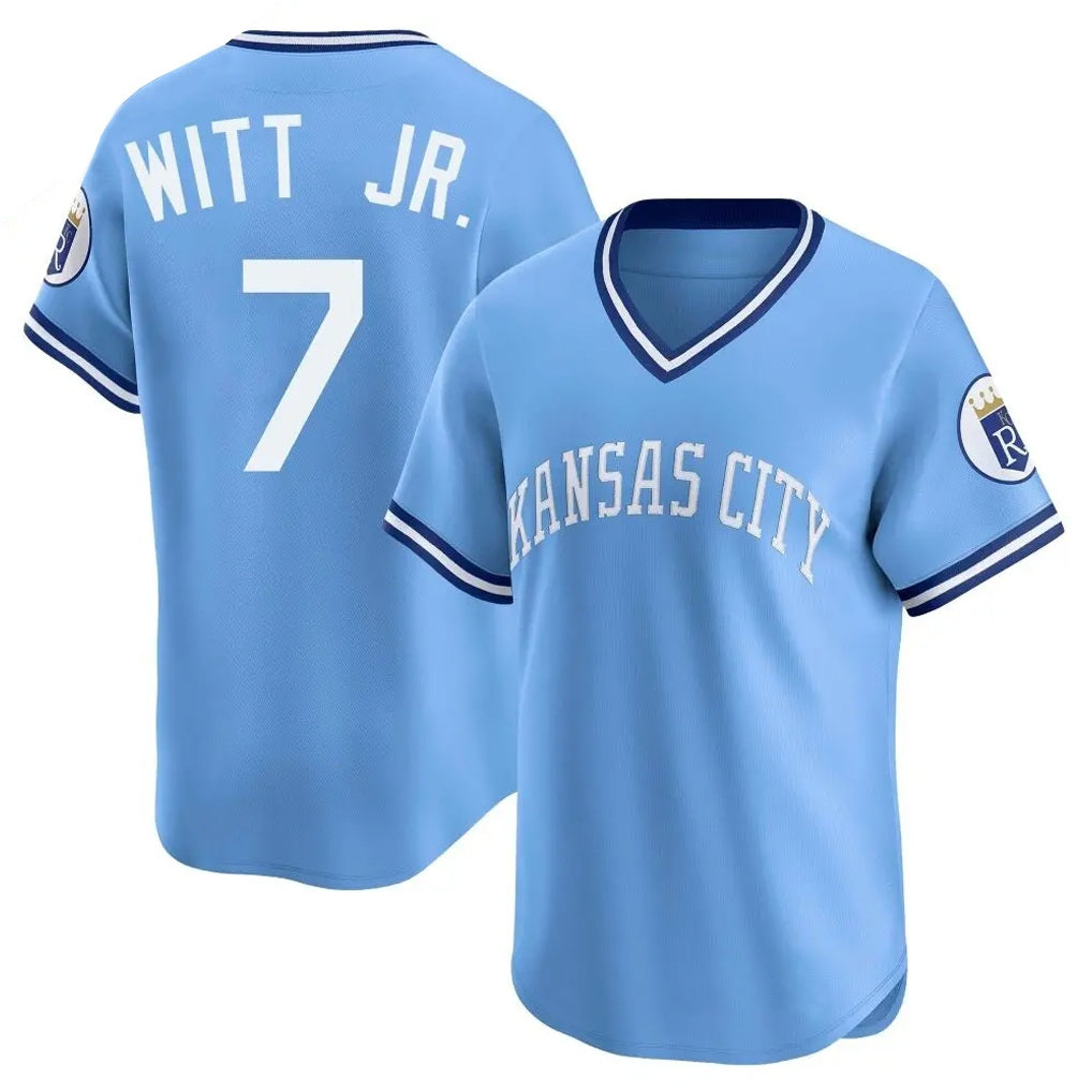 Kansas City Royals #7 Bobby Witt Jr. Player Light Blue HeidiMiller Limited Throwback Cooperstown Collection T-shirt Stitched Jerseys