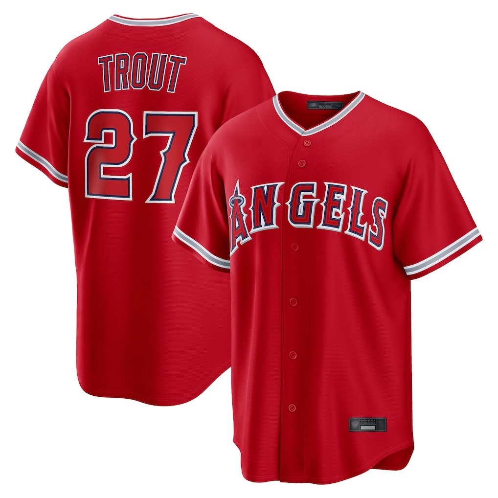 Los Angeles Angels #27 Mike Trout Player Red HeidiMiller Home Game Stitched Jerseys