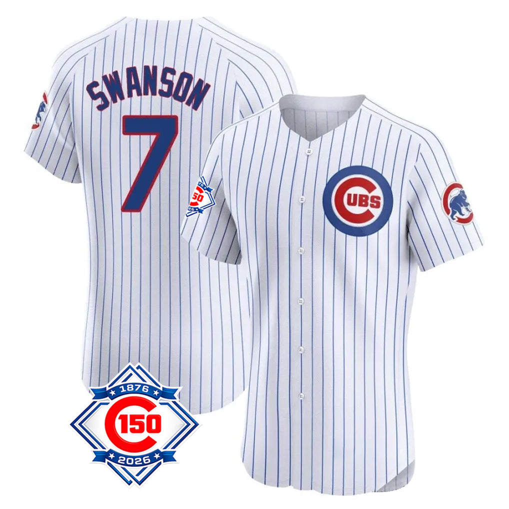 Chicago Cubs #7 Dansby Swanson Player White HeidiMiller 150th Anniversary Limited Elite Home Game Stitched Jerseys