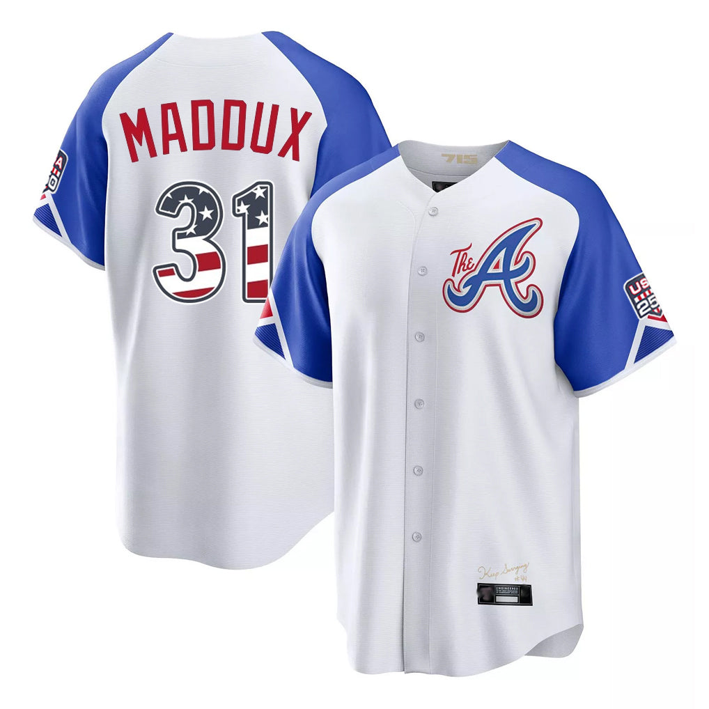 Atlanta Braves #31 Greg Maddux Player White HeidiMiller USA 250 Fourth Of July City Connect Home Game Stitched Jerseys
