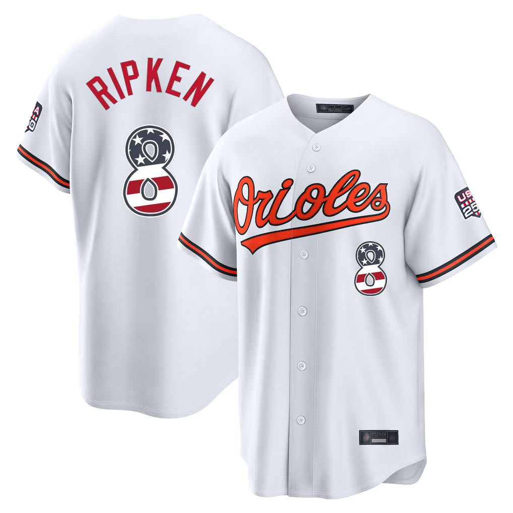 Baltimore Orioles #8 Cal Ripken Player White HeidiMiller USA 250 Fourth of July Home Game Stitched Jerseys