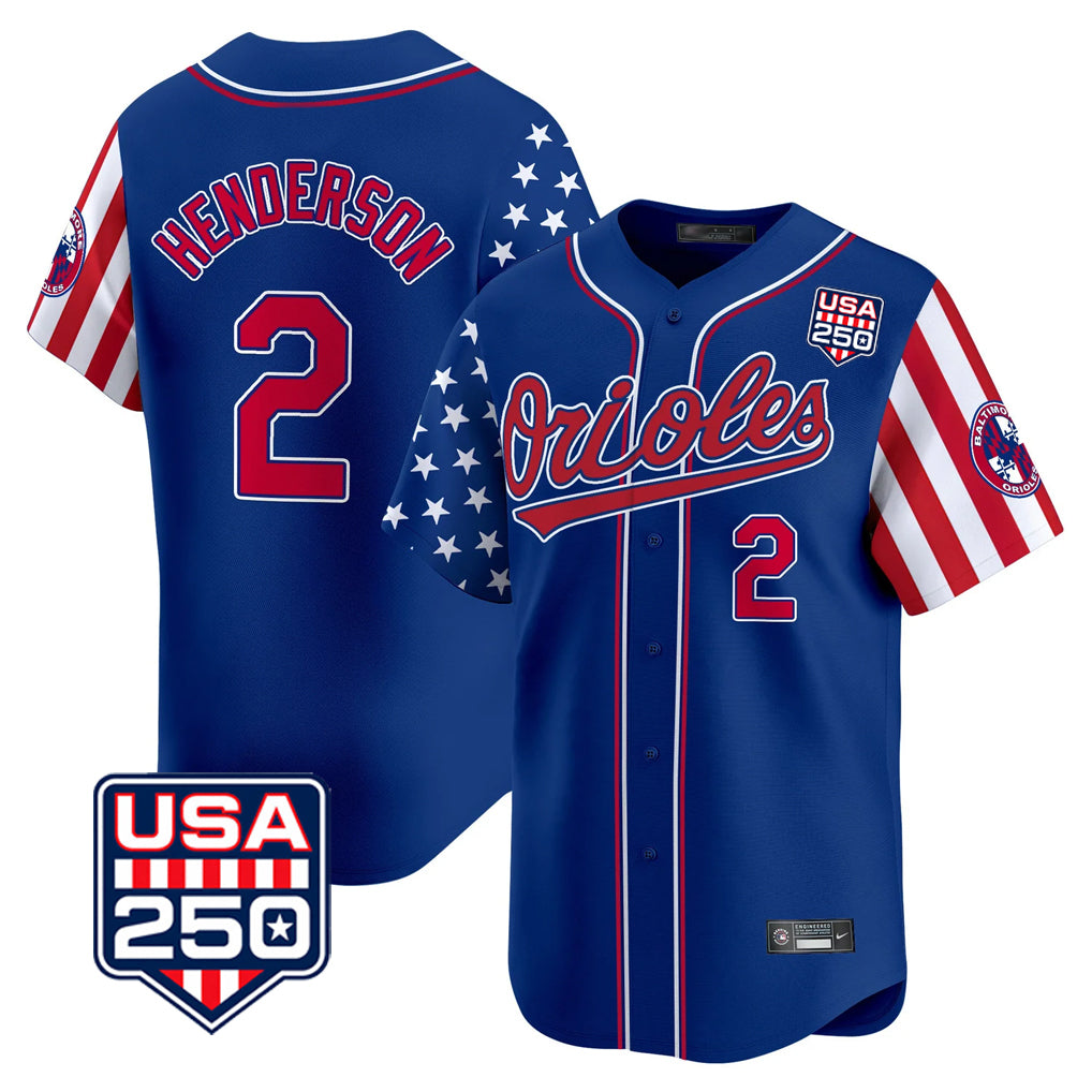 Baltimore Orioles #2 Gunnar Henderson Player Royal HeidiMiller USA 250 Independence Day Vapor Premier Limited Home Game Stitched Jerseys
