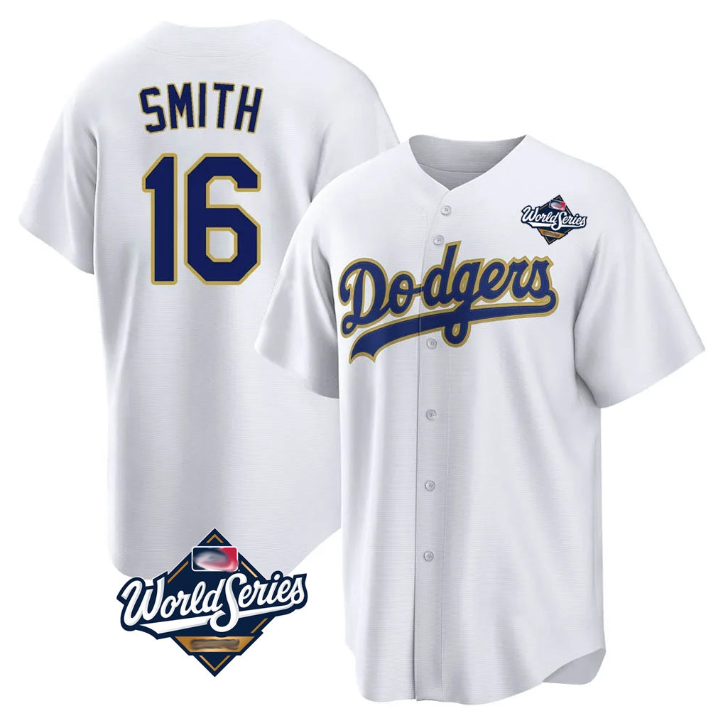 Los Angeles Dodgers #16 Will Smith Player Gold White HeidiMiller World Series 2026 Collection Stadium Game Stitched Jerseys