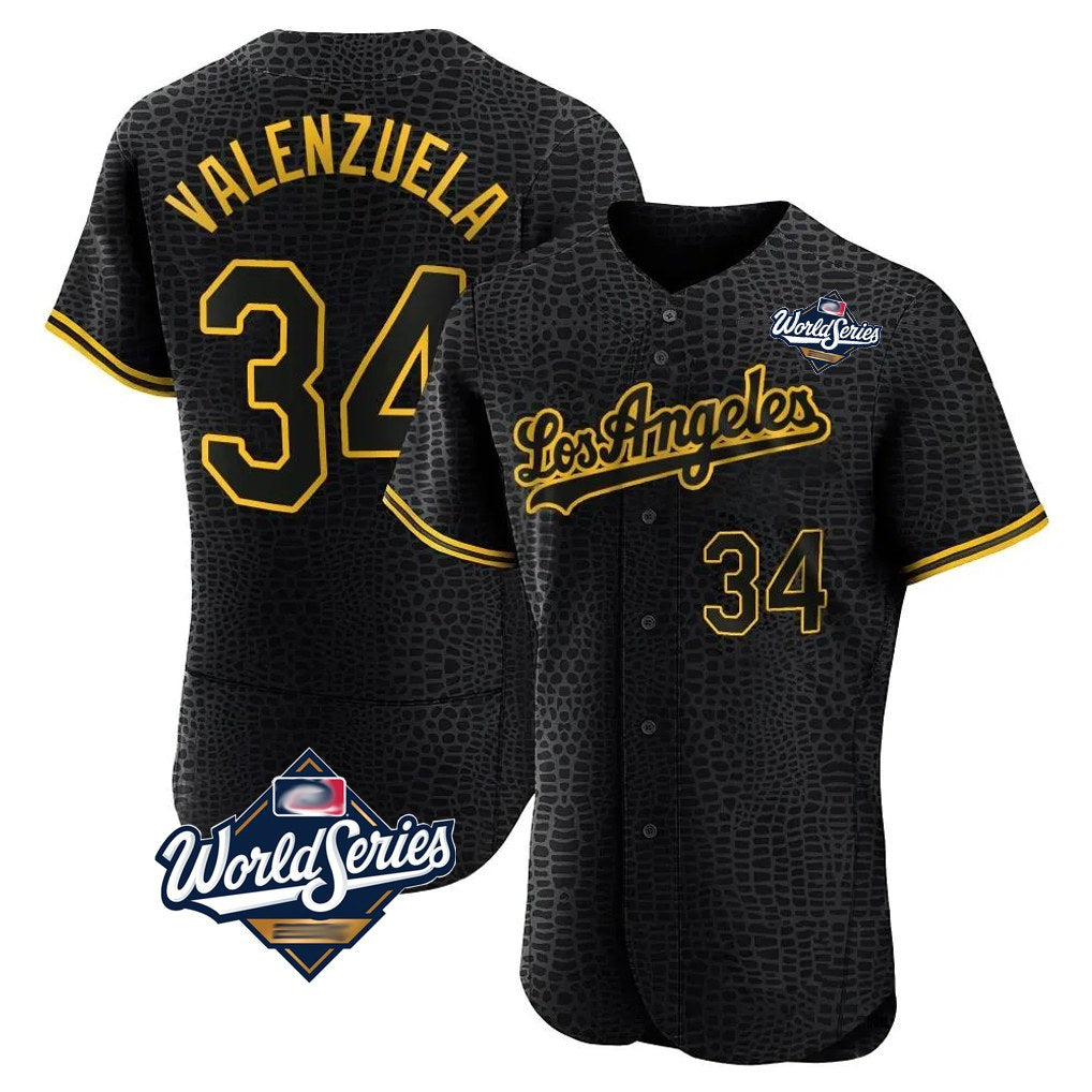 Los Angeles Dodgers #34 Fernando Valenzuela Player Black HeidiMiller World Series Snake Skin City Limited Elite Home Stitched Jerseys