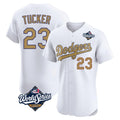 Los Angeles Dodgers #23 Kyle Tucker Player White Gold HeidiMiller World Series Limited Elite Home Stitched Jerseys