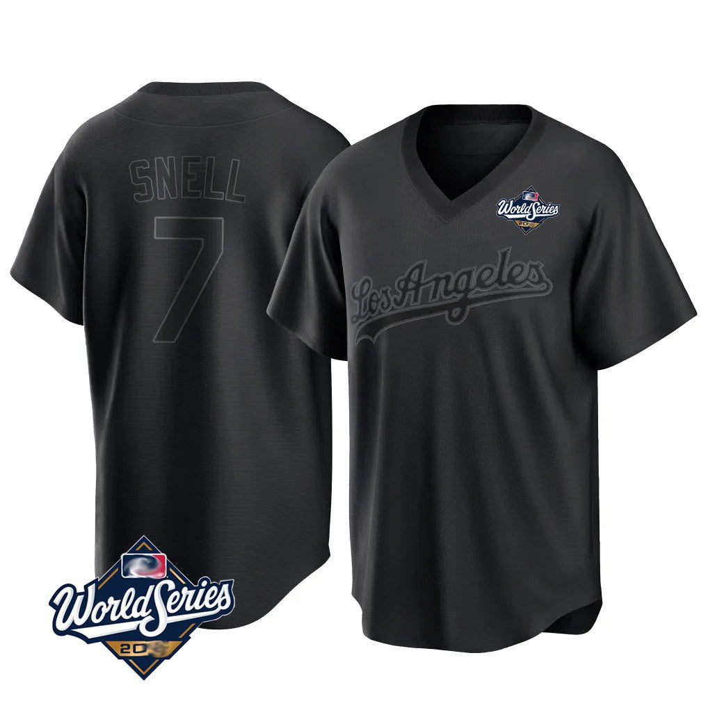 Los Angeles Dodgers #7 Blake Snell Player Black HeidiMiller Pitch Fashion World Series T-shirt Stitched Jerseys