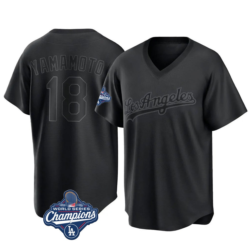Los Angeles Dodgers #18 Yoshinobu Yamamoto Player Black HeidiMiller World Series Meet Pitch Fashion T-shirt Stitched Jerseys