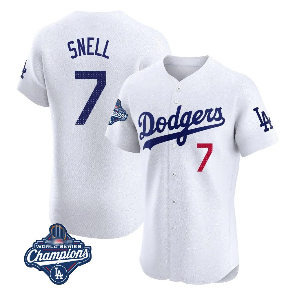 Los Angeles Dodgers #7 Blake Snell Player White HeidiMiller Limited Elite World Series Meet Home Stitched Jerseys