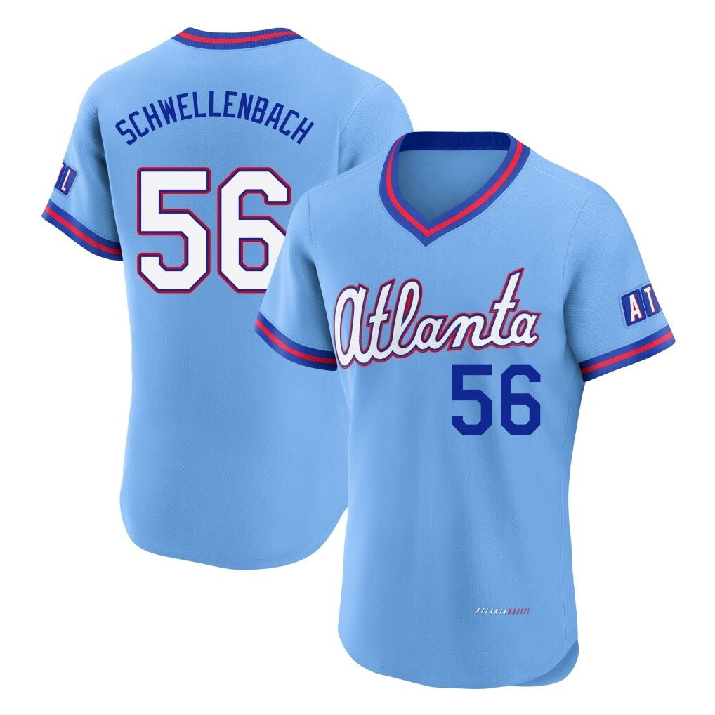 Atlanta Braves #56 Spencer Schwellenbach Player Powder Blue HeidiMiller 2026 City Connect T-shirt Limited Elite Home Game Stitched Jerseys