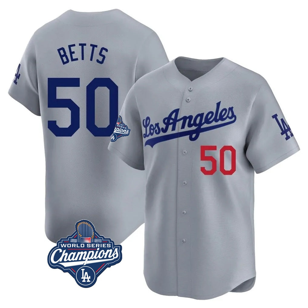Los Angeles Dodgers #50 Mookie Betts Player Gray HeidiMiller World Series Meet Limited Home Stitched Jerseys