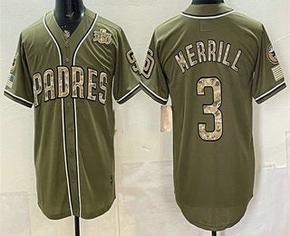 San Diego Padres #3 Jackson Merrill Olive HeidiMiller 2026 Armed Forces Day Jersey
