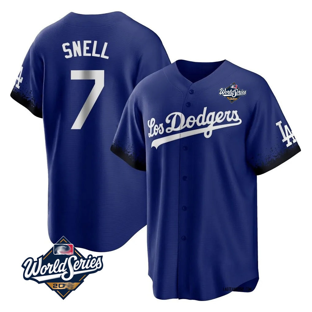Los Angeles Dodgers #7 Blake Snell Player Royal HeidiMiller City Connect Game World Series Stitched Jerseys