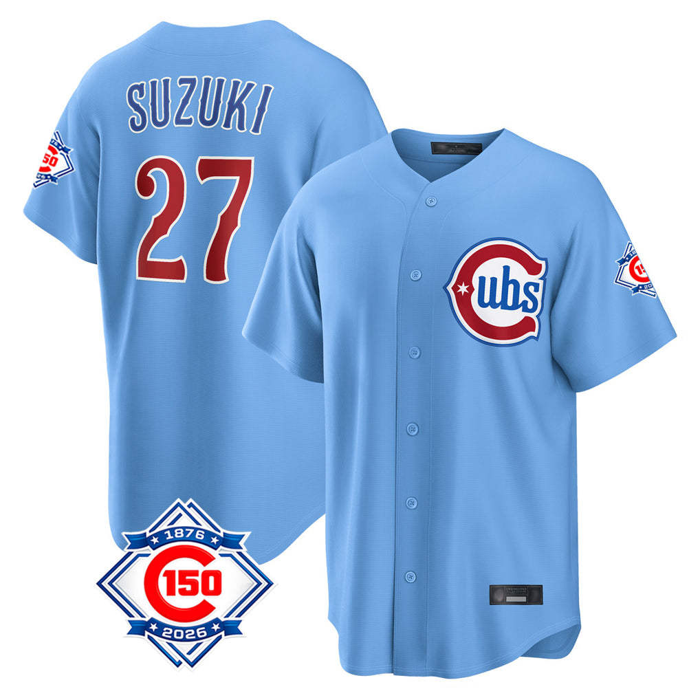 Chicago Cubs #27 Seiya Suzuki Player Light Blue HeidiMiller 150th Anniversary Home Game Stitched Jerseys