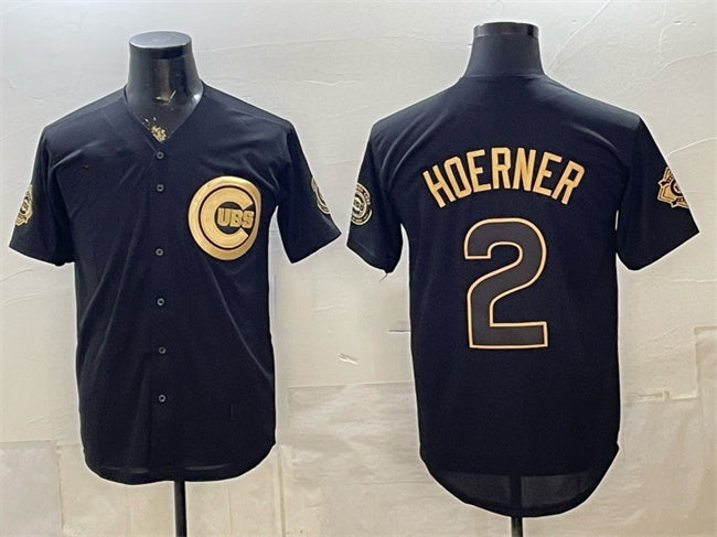 Chicago Cubs #2 Nico Hoerner Black Gold HeidiMiller 150th Anniversary Patch Stitched Jersey