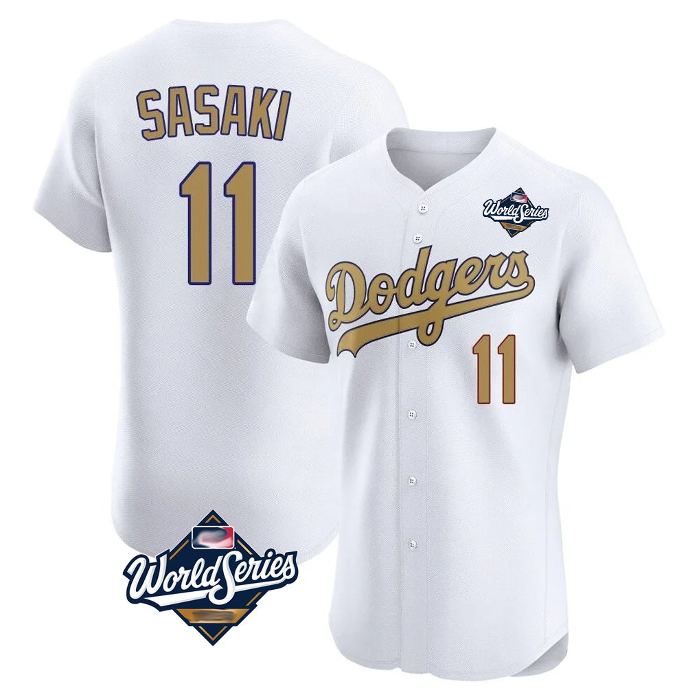 Los Angeles Dodgers #11 Roki Sasaki Player White Gold HeidiMiller World Series Limited Elite Home Stitched Jerseys