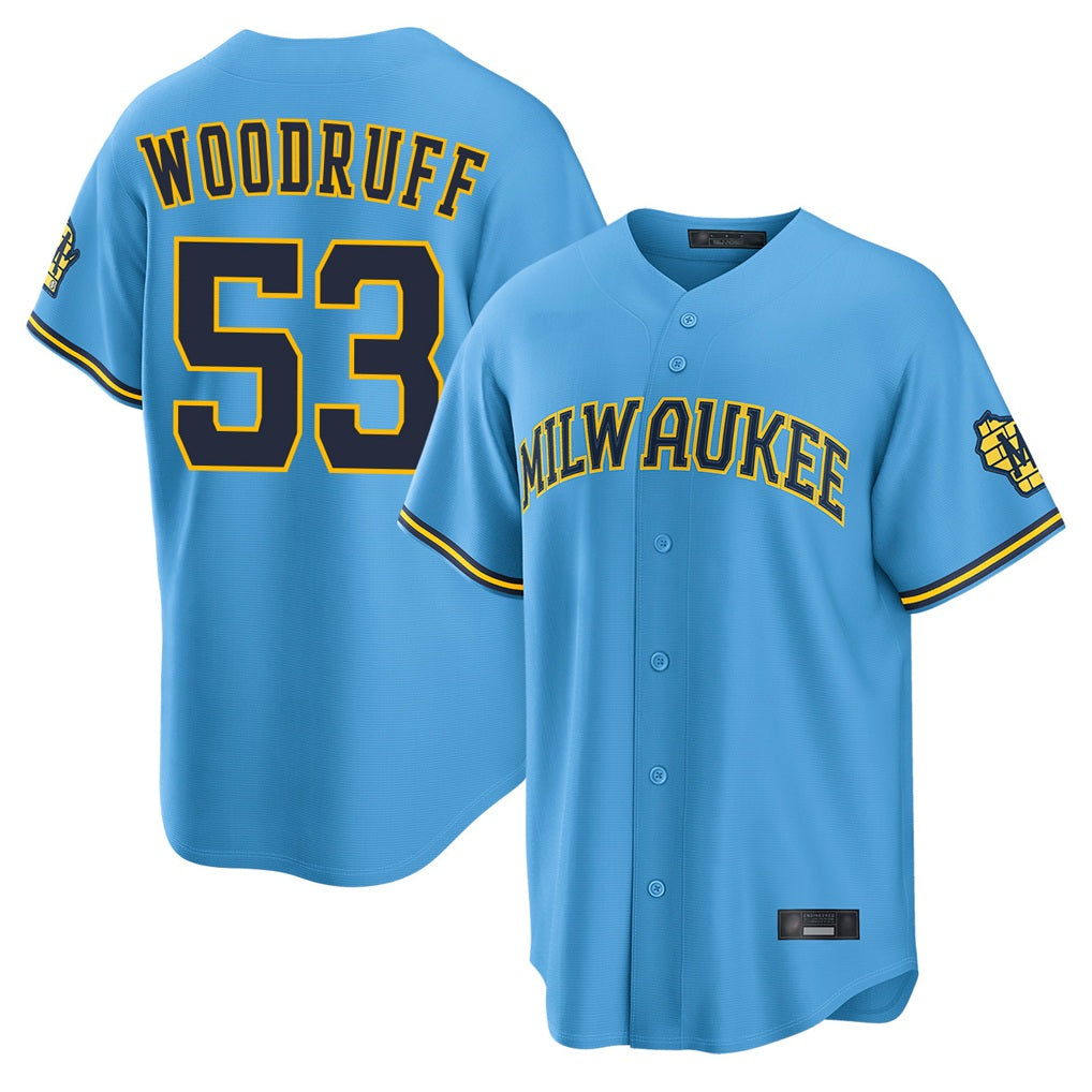 Milwaukee Brewers #53 Brandon Woodruff Player Light Blue HeidiMiller Road Stadium Game Stitched Jerseys