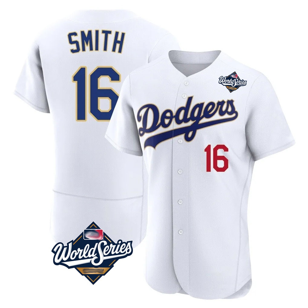 Los Angeles Dodgers #16 Will Smith Player Gold White HeidiMiller World Series 2026 Collection Stadium Limited Elite Stitched Jerseys