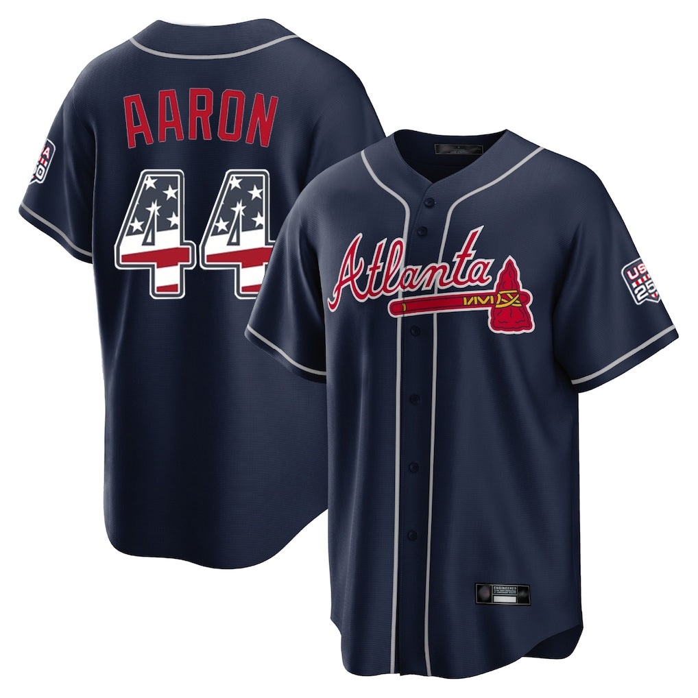 Atlanta Braves #44 Hank Aaron Player Navy HeidiMiller USA 250 Fourth Of July Limited Home Game Stitched Jerseys