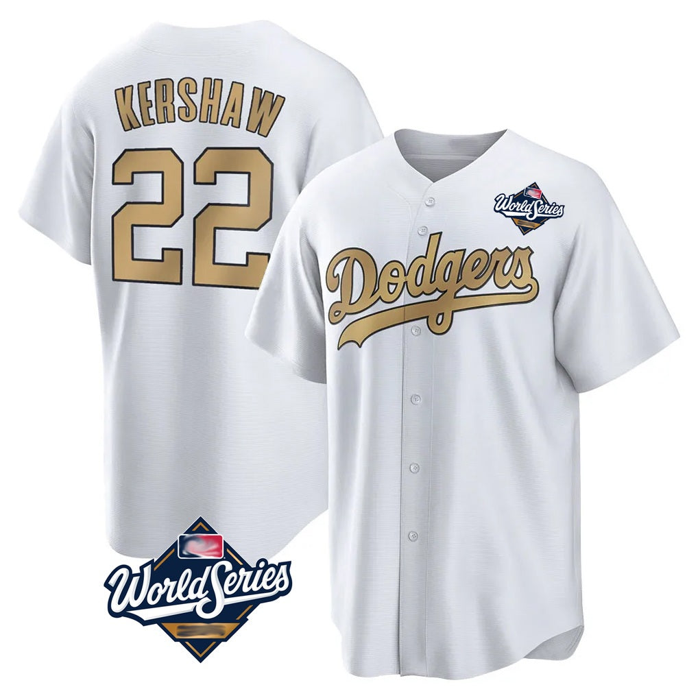 Los Angeles Dodgers #22 Clayton Kershaw Player White Gold HeidiMiller World Series Collection Game Home Stitched Jerseys