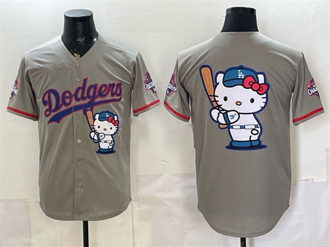 Los Angeles Dodgers Team Big Logo Grey HeidiMiller Hello Kitty Night 2025 World Series Champions Patch Stitched Jersey
