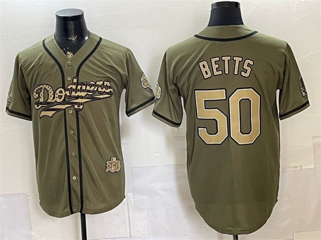 Los Angeles Dodgers #50 Mookie Betts Olive HeidiMiller 2026 Armed Forces Day Stitched Jersey