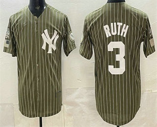 New York Yankees #3 Babe Ruth Olive HeidiMiller Pinstripe 2026 Armed Forces Day Salute To Service Jersey