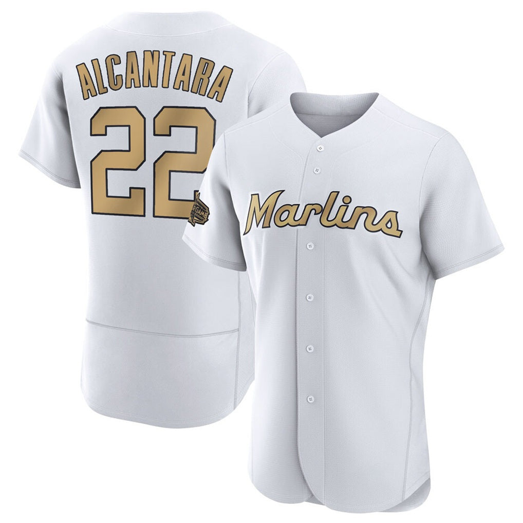 Miami Marlins #22 Sandy Alcantara Player Gold HeidiMiller Home Limited Elite Stitched Jerseys