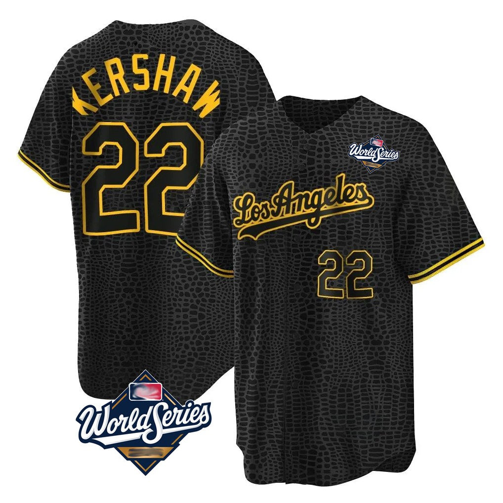Los Angeles Dodgers #22 Clayton Kershaw Player Black HeidiMiller World Series Snake Skin City Game Home Stitched Jerseys