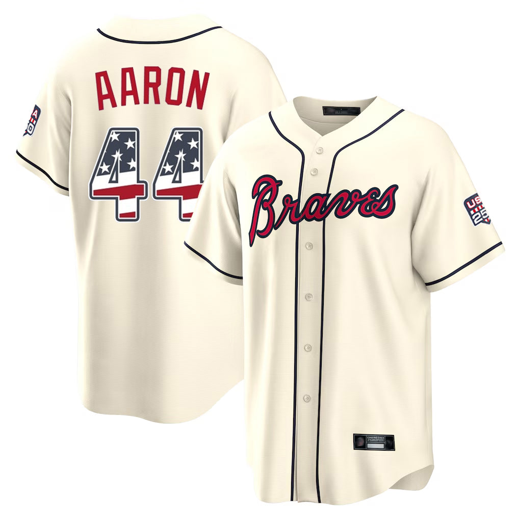 Atlanta Braves #44 Hank Aaron Player Cream HeidiMiller USA 250 Fourth Of July Limited Home Game Stitched Jerseys