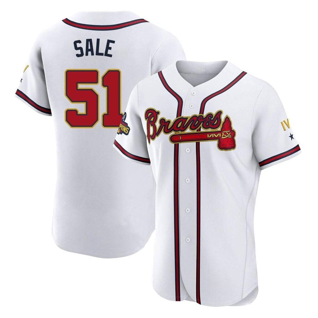 Atlanta Braves #51 Chris Sale Player White Gold HeidiMiller Limited Elite Home Game Stitched Jerseys