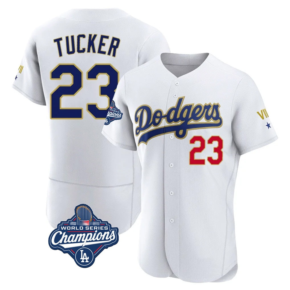 Los Angeles Dodgers #23 Kyle Tucker Player Gold White HeidiMiller World Series Meet 2026 Collection Stadium Limited Elite Stitched Jerseys