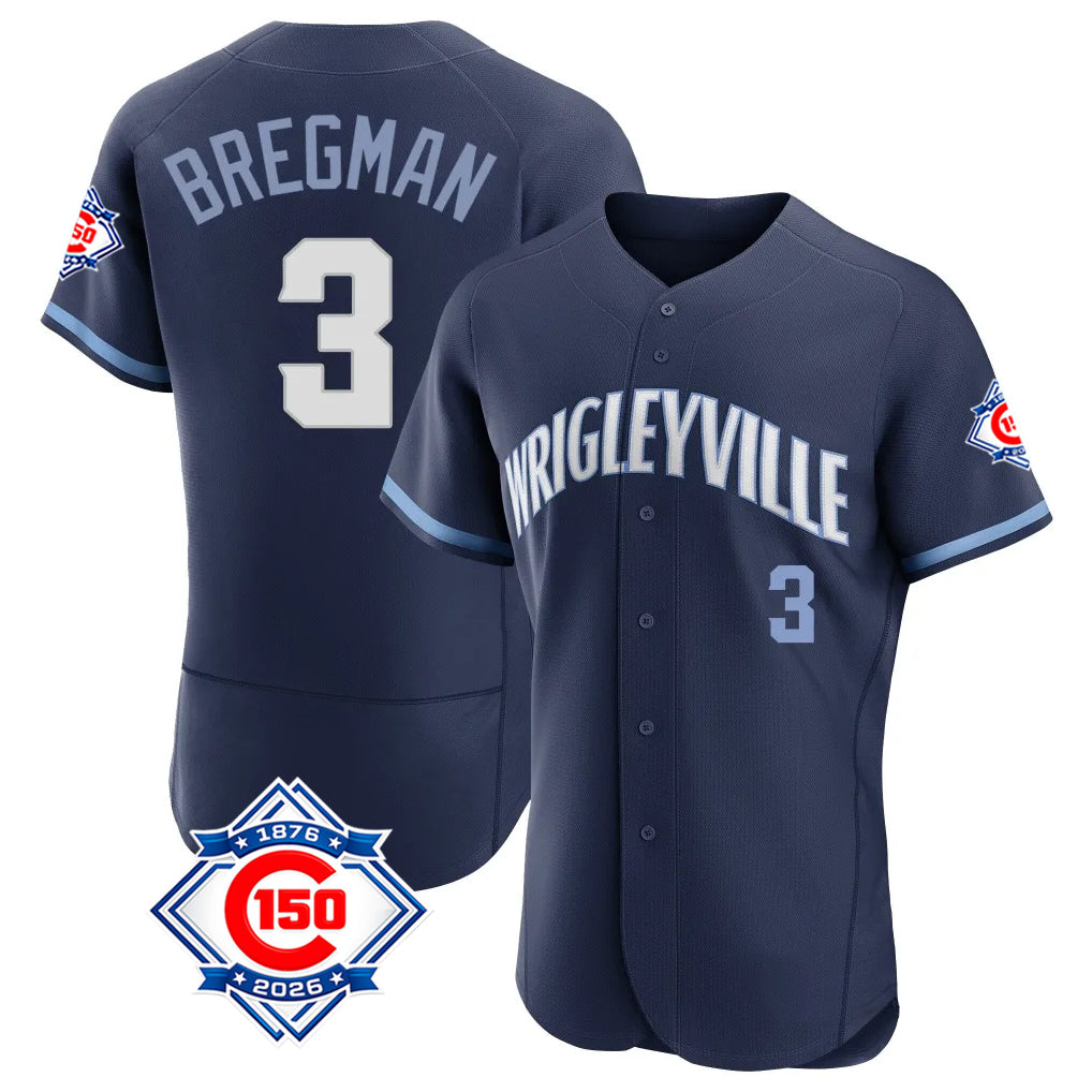 Chicago Cubs #3 Alex Bregman Player Navy HeidiMiller City Connect 150th Anniversary Limited Elite Home Stitched Jerseys