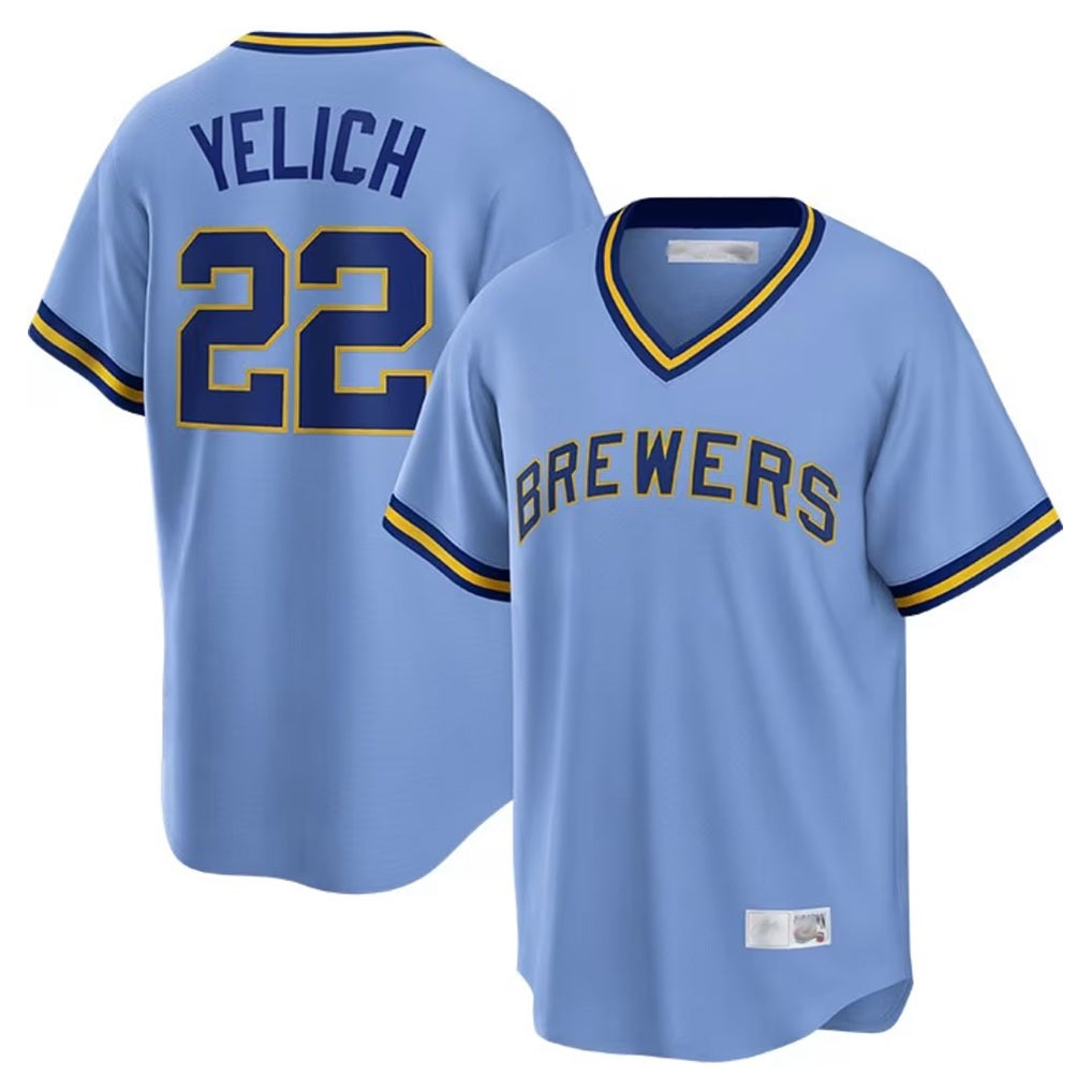 Milwaukee Brewers #22 Christian Yelich Player Light Blue HeidiMiller Cooperstown Collection Game T-shirt Stitched Jerseys