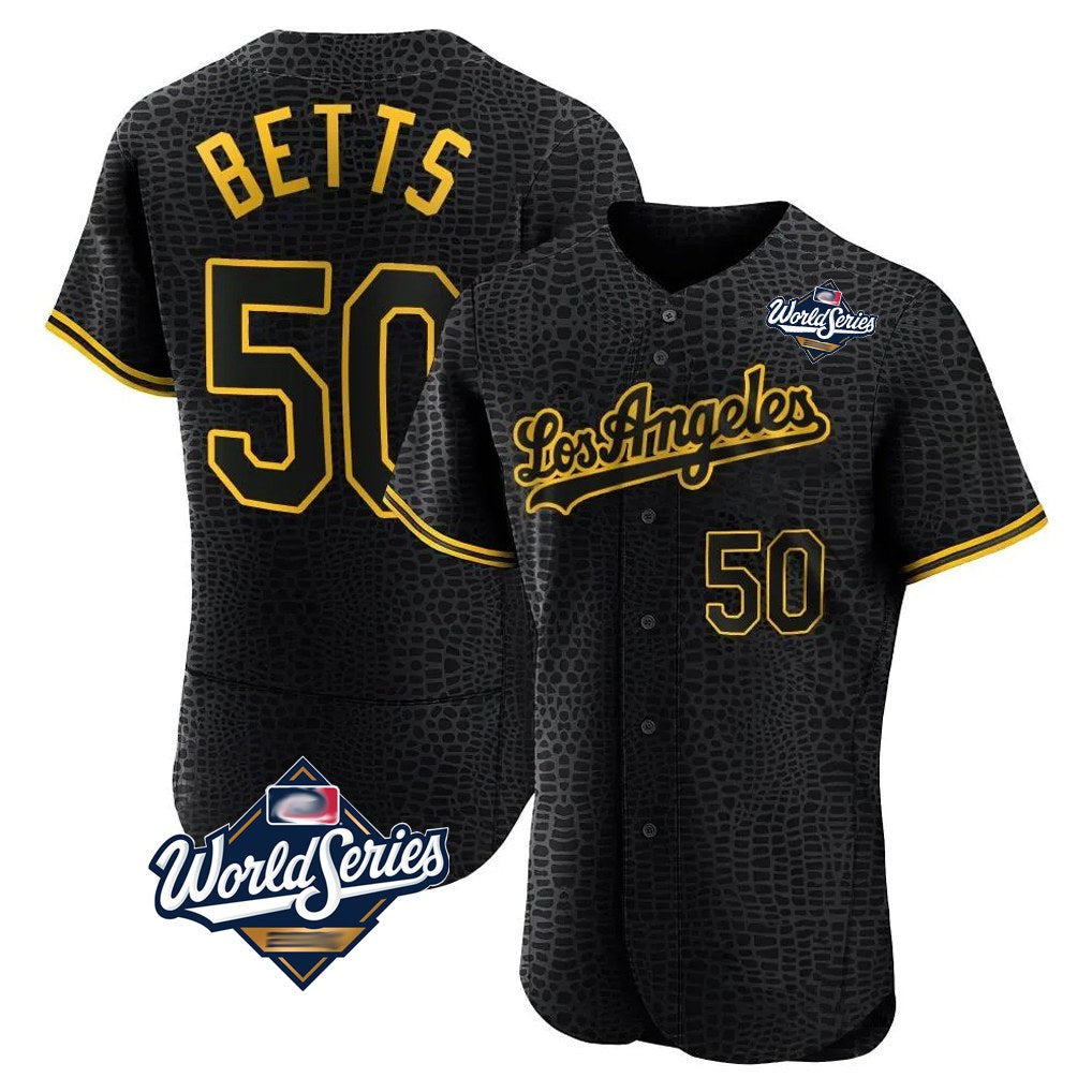 Los Angeles Dodgers #50 Mookie Betts Player Black HeidiMiller World Series Snake Skin City Limited Elite Home Stitched Jerseys