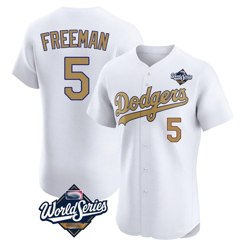 Los Angeles Dodgers #5 Freddie Freeman Player White Gold HeidiMiller World Series Limited Elite Home Stitched Jerseys