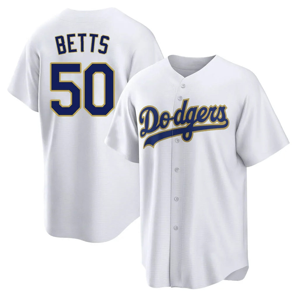 Los Angeles Dodgers #50 Mookie Betts Player Gold White HeidiMiller 2026 Collection Stadium Game Stitched Jerseys