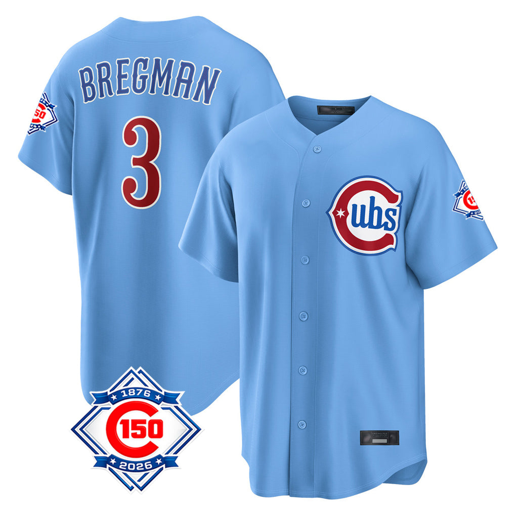Chicago Cubs #3 Alex Bregman Player Light Blue HeidiMiller 150th Anniversary Home Game Stitched Jerseys
