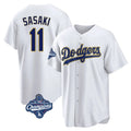 Los Angeles Dodgers #11 Roki Sasaki Player White Gold HeidiMiller World Series Meet White 2026 Collection Stadium Game Stitched Jerseys