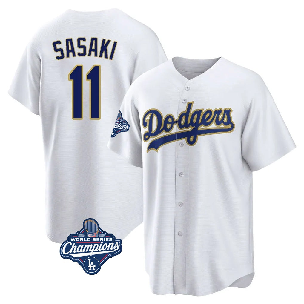 Los Angeles Dodgers #11 Roki Sasaki Player White Gold HeidiMiller World Series Meet White 2026 Collection Stadium Game Stitched Jerseys