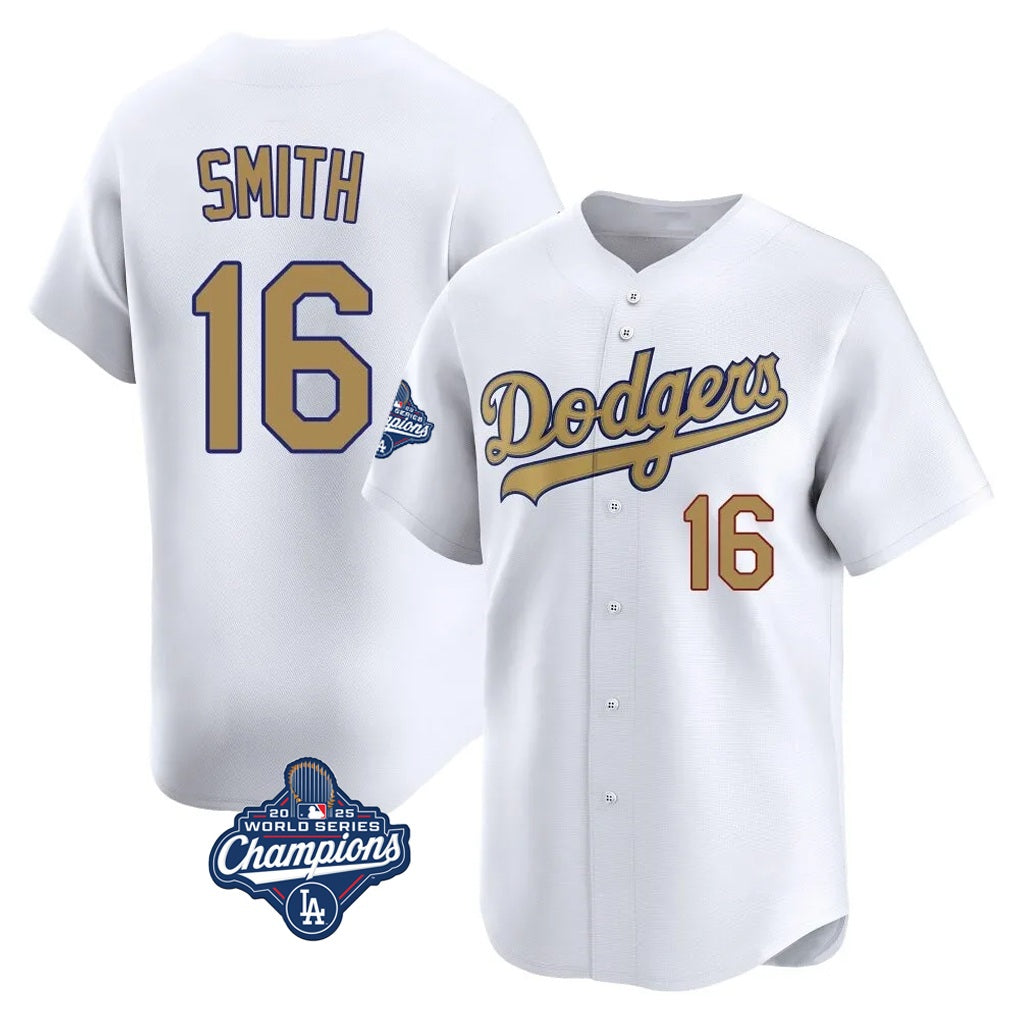 Los Angeles Dodgers #16 Will Smith Player White Gold HeidiMiller World Series Meet Collection Limited Home Stitched Jerseys